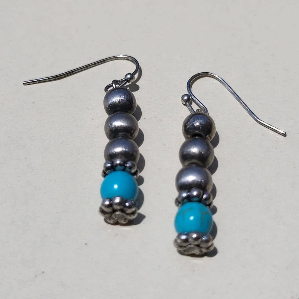 Vintage Sterling Silver Turquoise Dangle Earrings Blue Bead Southwestern Boho